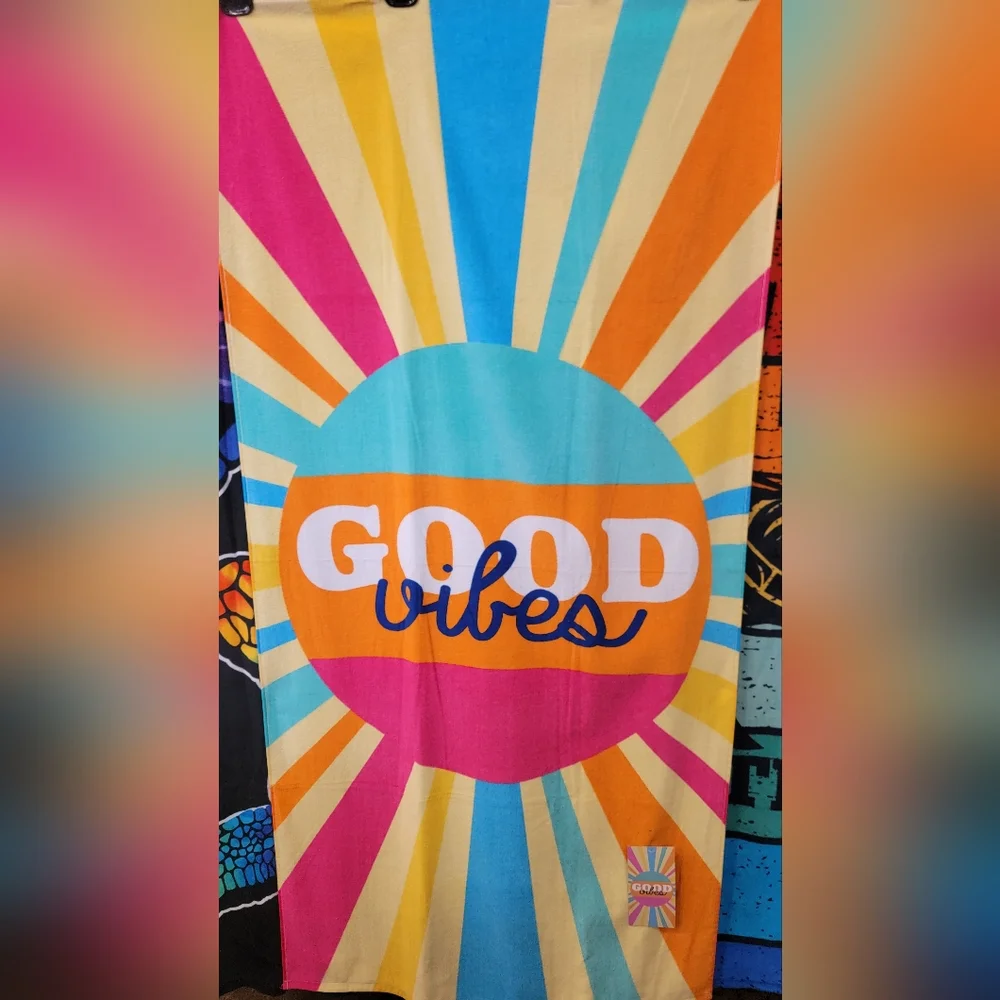Summer Deal🏷 Cotton Colorful Graphic Good Vibes Text Beach Towel